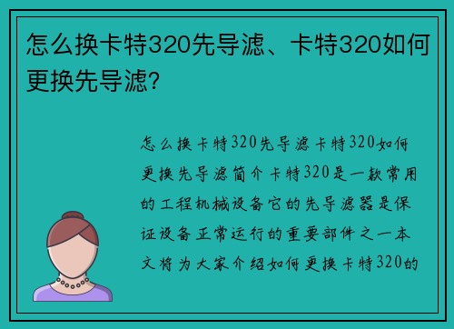 怎么换卡特320先导滤、卡特320如何更换先导滤？